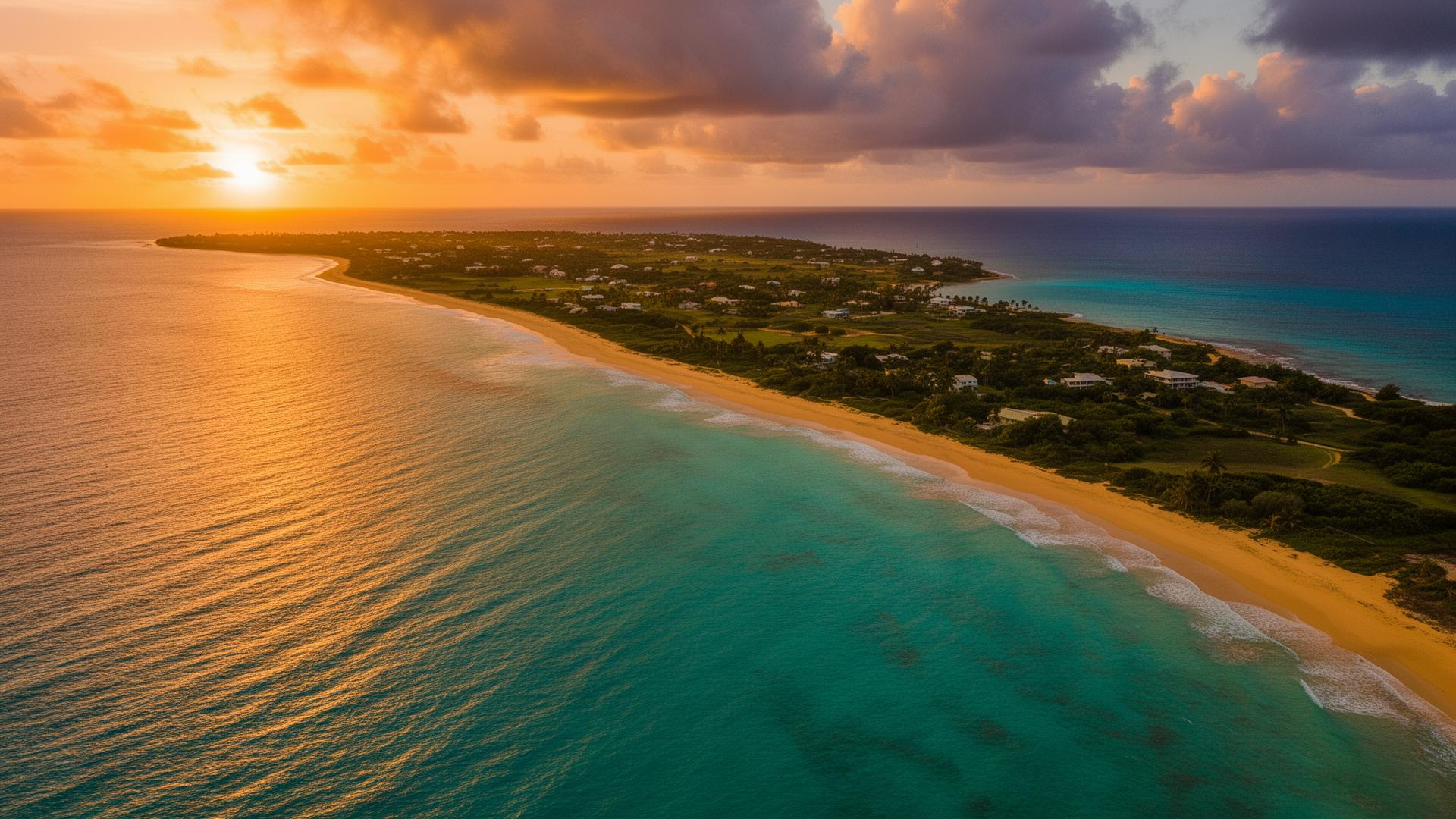 Aerial view of the Caribbean coastline at sunset — the region we build for