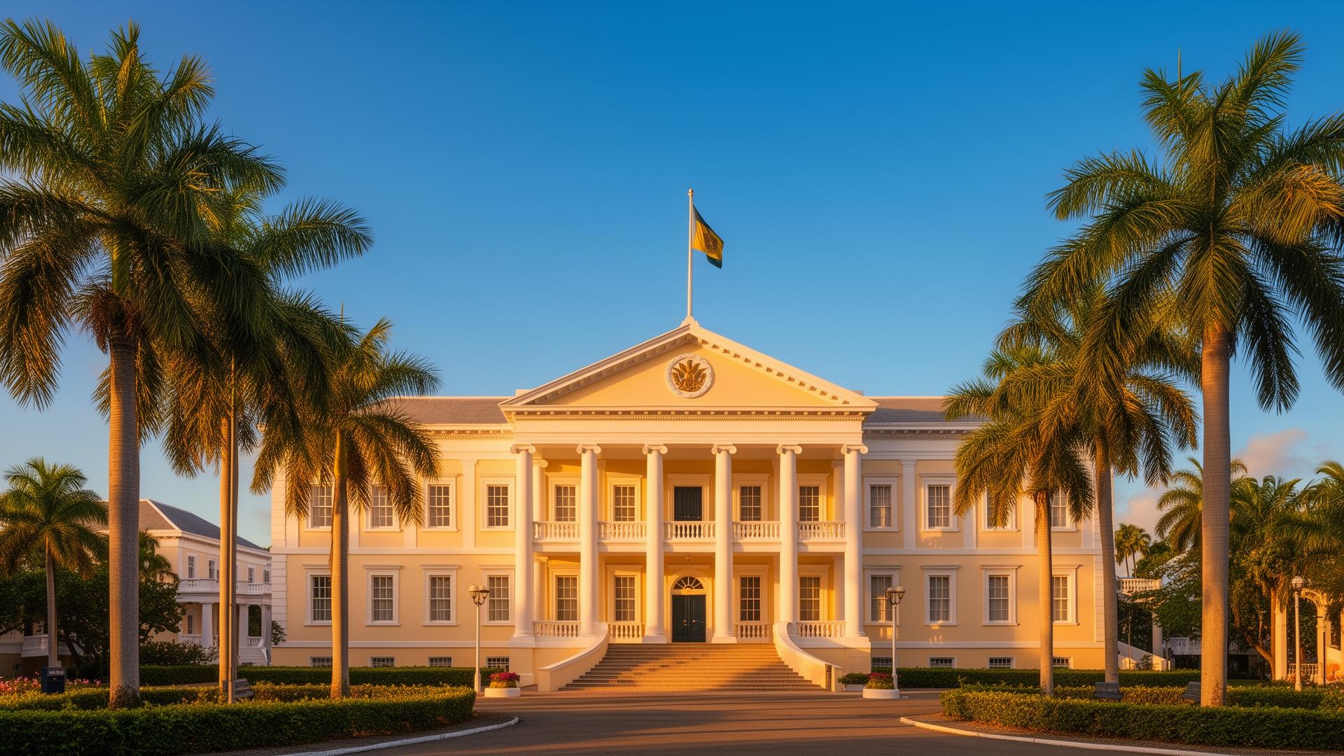 Caribbean government building at golden hour, representing public-sector institutions